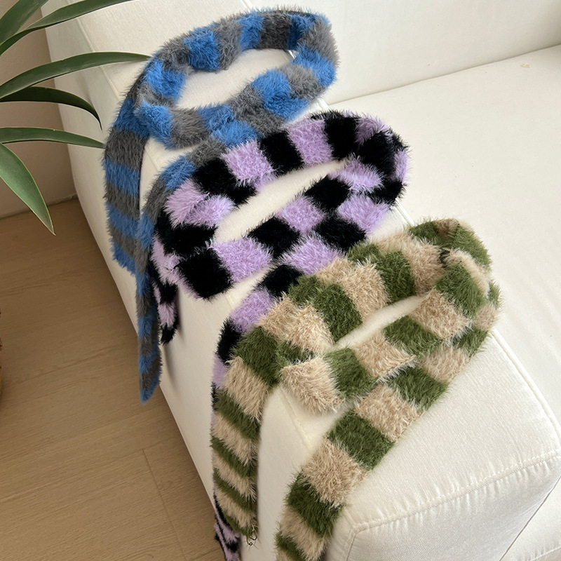 Women'S Winter Accessories Set - Y2k Striped Plush Narrow Long Scarf